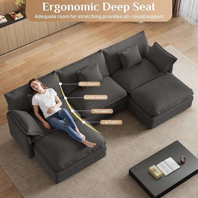 114" U Shaped Cloud Couch Sectionals Oversized Sectional Couches for Living Room Modular Couch, Large Velvet Cloud Sofa with Movable Ottoman, Grey