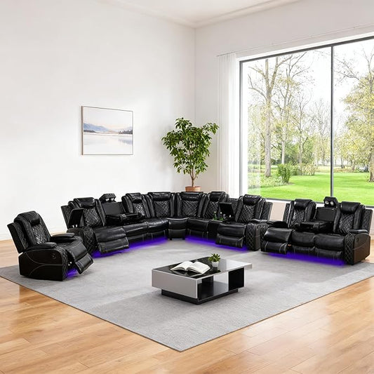Leather Power Recliner Sectional Sofa Set with LED Light,L Shaped Leather Couch Set with 5 Recliner Seats,Modular Couch with USB Ports for Living Room Furniture(Black, Sectional+Sofa+Chair)
