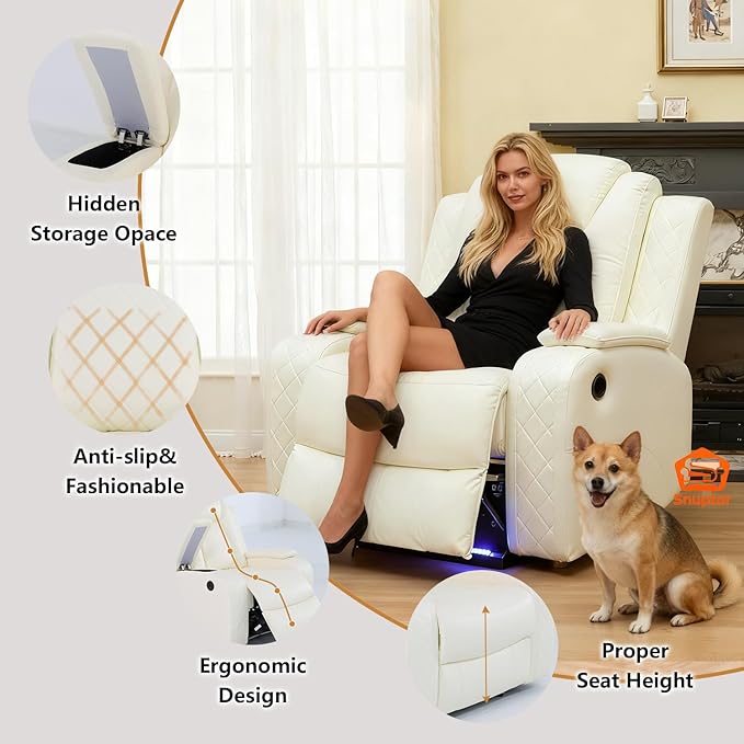 Power Leather Recliner Sofa Set with LED Light,Reclining Sofa and Chair Set with Coffee Table/USB Charger/Storage,Leather Couch for Living Room Furniture Sets(3+1 Seats,Creamy)