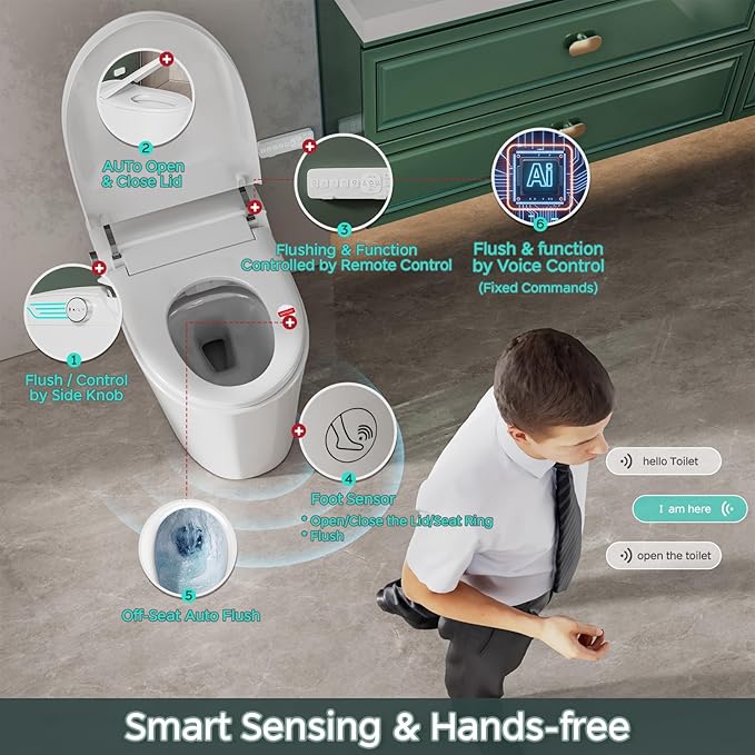 Smart Toilet with Bidet Built In ADA Height 17.7", 1.28GPF Power Flush, One Piece Bidet Toilet Design with Heated Seat, Voice Control, Remote Control, Foam Shield, Tankless Modern Toilet BSJ