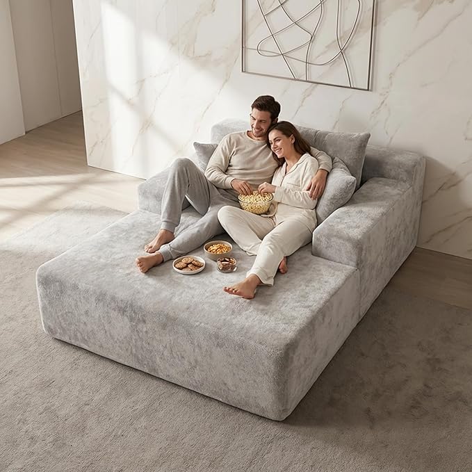 Sytopia Chaise Lounge with Armrests, Oversized Sofa Bed with 3 Pillows, Cozy Couch, Sleeper Reading Chair for Living Room Bedroom, Floor Sofa Chenille, Furniture Sala, Urban Grey