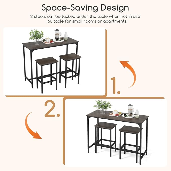 COSTWAY 3-Piece Dining Table Set, 47.5" Industrial Counter-Height Kitchen Table and 2 Bar Stools, High Top Rectangular Pub Table and Chairs for Dining Room Small Place Breakfast Nook Bistro (Grey)