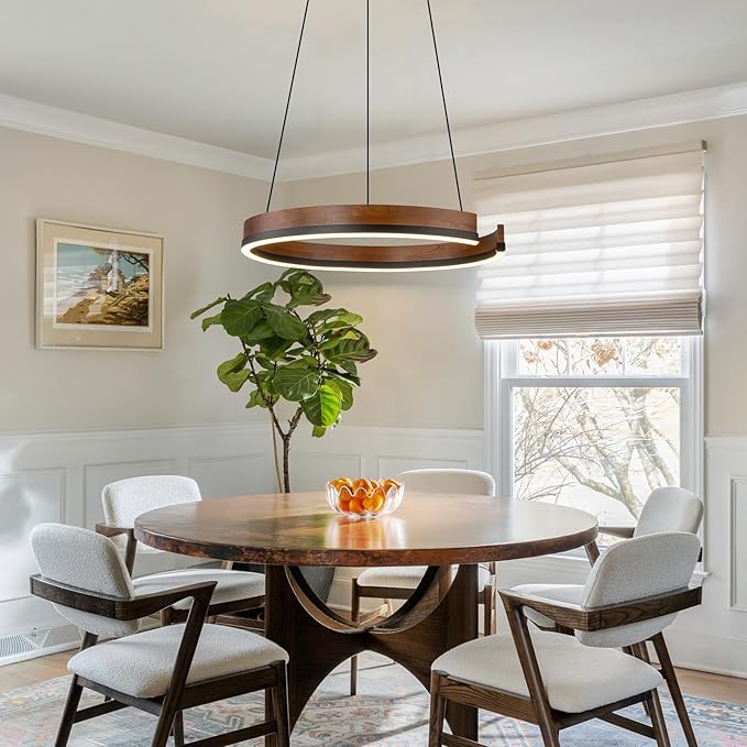 Modern Wood Chandelier, 24" Dimmable Round LED Chandelier Farmhouse Walnut Color Dining Room Light Fixtures for Entryway Kitchen Foyer