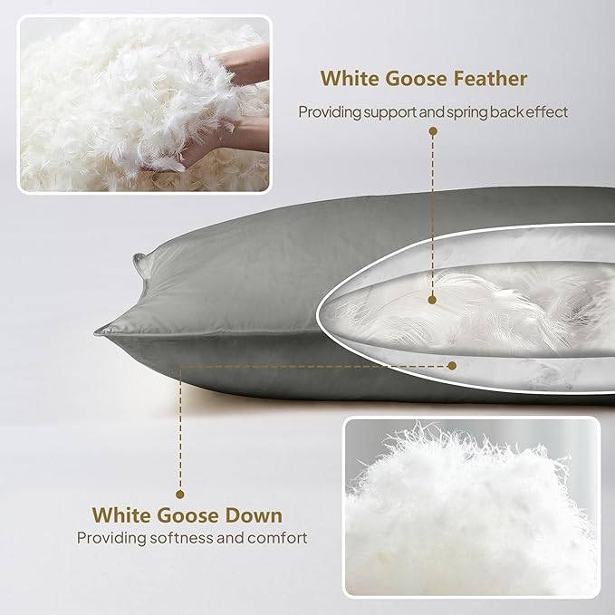 Goose Down Pillows Queen Size Set of 4, Hotel Quality Bed Pillow for Sleeping 4 Pack, 900 Fill Power Natural White Goose Feather Pillows with 700 TC 100% Organic Cotton Shell, 18"x30" Dark Grey