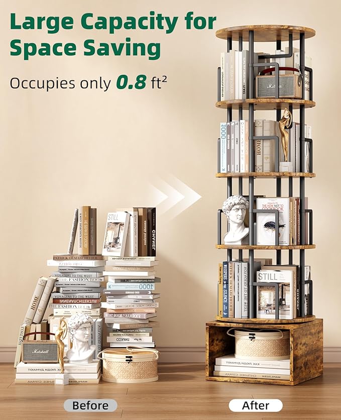 5 Tier Rotating Bookshelf with Extra Storage Cabinet, 360°Spinning Corner Bookshelf, Floor Standing Bookcase for Kids & Adult, Narrow Book Shelf for Bedroom Living Room, Vintage Brown