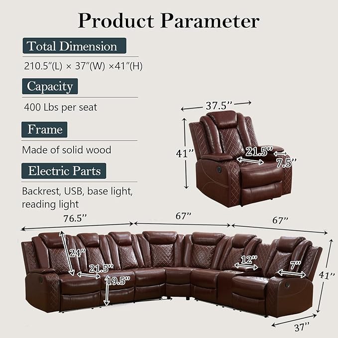 Power Recliner Sectional Sofa Set, Brown Leather Sectional Couch and Chair for Living Room, L Shape Reclining Sofa with Cup Holder, Hidden Storage, Coffee Table for House(7 Seat)