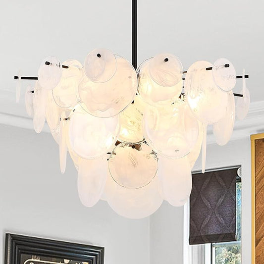 Dia 28 Inch, Modern Glass Chandeliers for Bedroom, Black Dining Room Light Fixture, Large Vintage Pendant Chandelier for Living Room Entryway Foyer