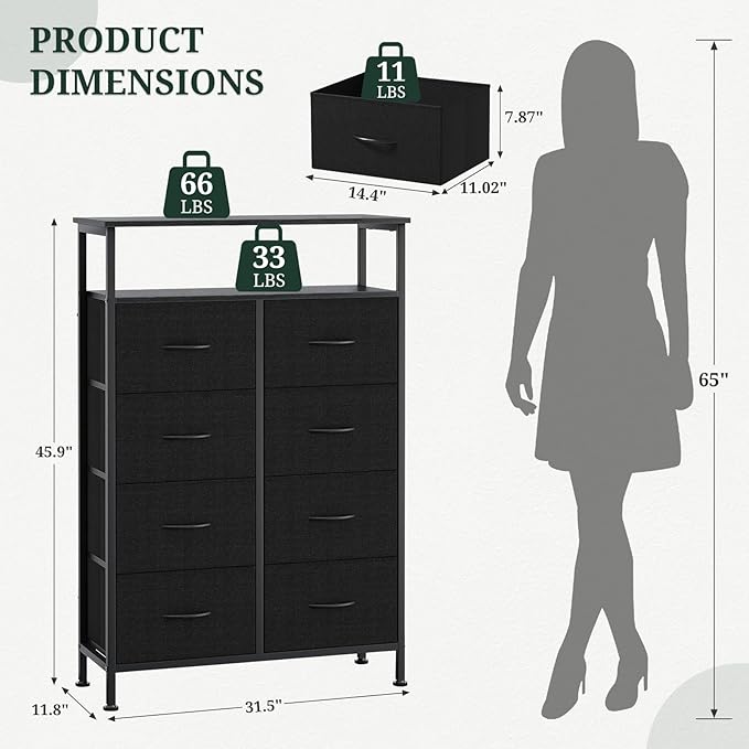 8 Drawers Dresser with Open Shelf, 46" Tall Storage Organizer Chest of Drawer with Wooden Top, Sturdy Metal Frame for Bedroom, Hallway, Living Room, Black