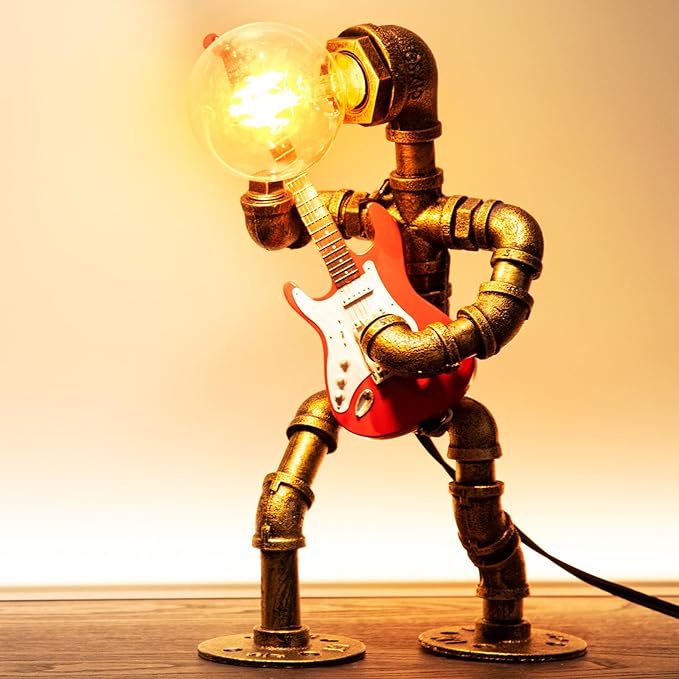 Music Guitar Table Lamp Art Decor ，Steampunk Table Lamp,Retro Guitars Steampunk lamp,Cool Industrial Metal Tube Robot Lamp Guitar Stuff Present for Men Music Lovers