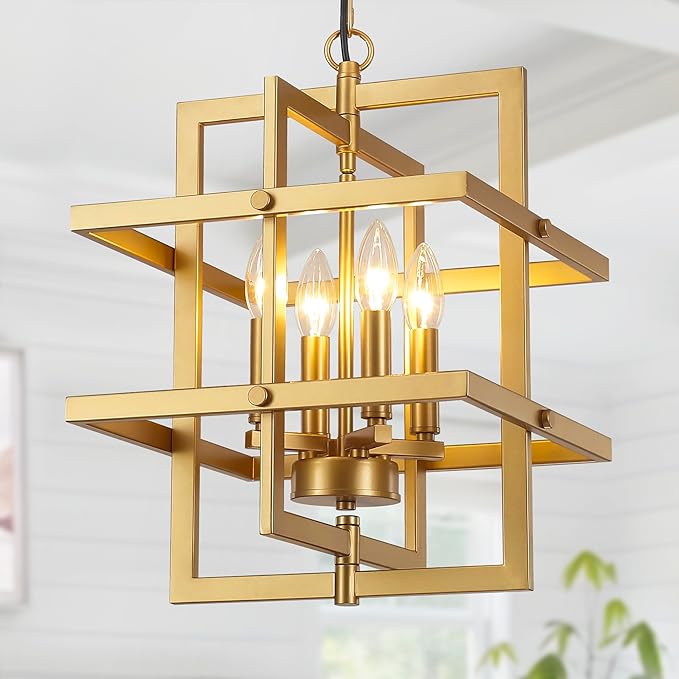 Gold Farmhouse Chandelier Modern Industrial Pendant Light Fixtures Brass Geometric Chandeliers for Dining Room Kitchen Island Entryway Foyer Bedroom Height Adjustable 4-Lights