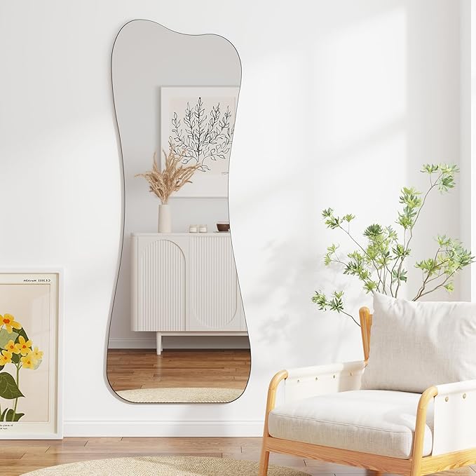QDSSDECO Full Length Mirror with Bracket 63"x24" Irregular Wall Mirror Vase Frameless for Living Room Bathroom Bedroom Entryway Decor