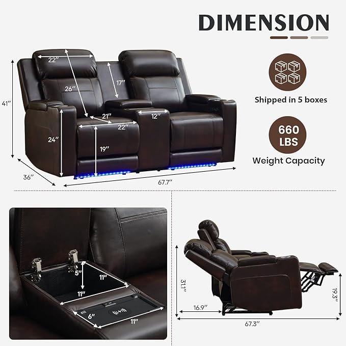 Power Reclining Loveseat with Console, Power Loveseat Recliner Sofa with Adjustable Headrest/LED Light/Wireless Charging/Arm Storage, Power Recliner Loveseat for Living Room (Brown, 2 Seater)