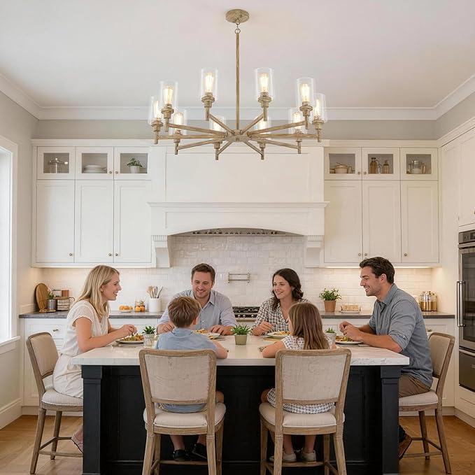 Large Farmhouse Chandelier, 10 Light Rustic Chandeliers for Dining Room Light Fixtures Over Table | Fake Wood Hanging Lighting with Clear Glass Cover for Living Room | Kitchen | Foyer
