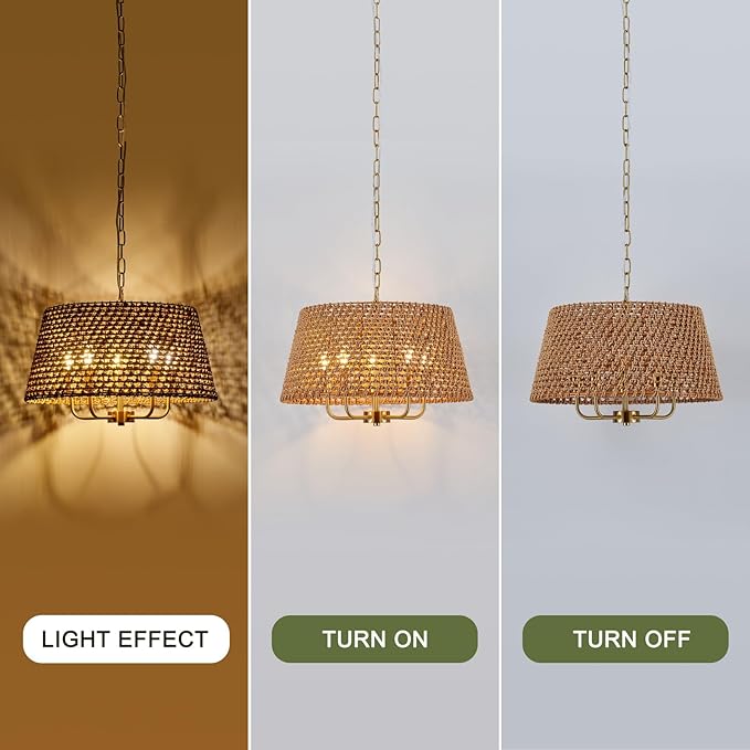 5-Lights Hand-Woven Rattan Chandelier Vintage Farmhouse Boho Bamboo Chandeliers Light Fixture Retro Drum Wicker Rattan Gold Chandelier for Dining Room, Kitchen, Living Room