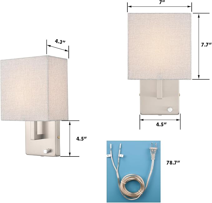 YUBOLE Modern Wall Sconces Brushed Nickel-Plug in(Received Version) and Hardwired Design Wall Light with Dimmable Switch for Bedroom Bathroom Set of 2