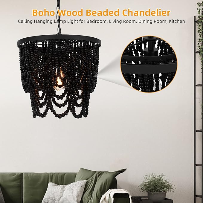 Boho Beaded Chandelier 15" Wood Bead Semi Flush Mounted Pendant Light Black Height Adjustable, 2 Tiers, Antique Rustic, for Living Room, Bedroom, Kitchen, Hallway, Passway