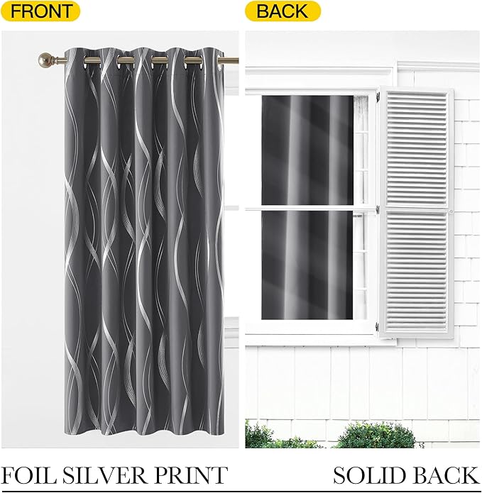 NICETOWN Grey Blackout Short Curtain for Apartments, W66 x L84, Noise Reducing Thermal Insulated Wave Line Foil Print Design Drapes for Living Room, 2 Panels