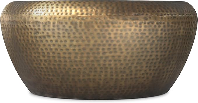 SIMPLIHOME Preston Drum Coffee Table - 36 inch Wide Iron Round Metal Table in Antique Gold, Modern Industrial Living Room Centerpiece with Hand-Hammered Texture and Sculptural Design, Assembled