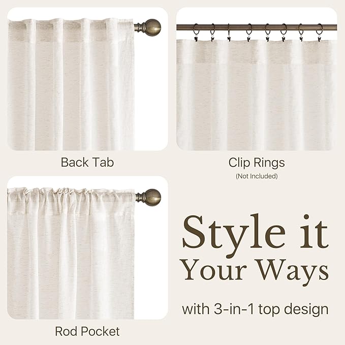 NICETOWN Semi Sheer Linen Curtains 84 inches Long 2 Panels Set for Bedroom, Rod Pocket & Back Tab Privacy with Light Filtering Window Treatments Airy & Breathable for Living Room, W52 x L84