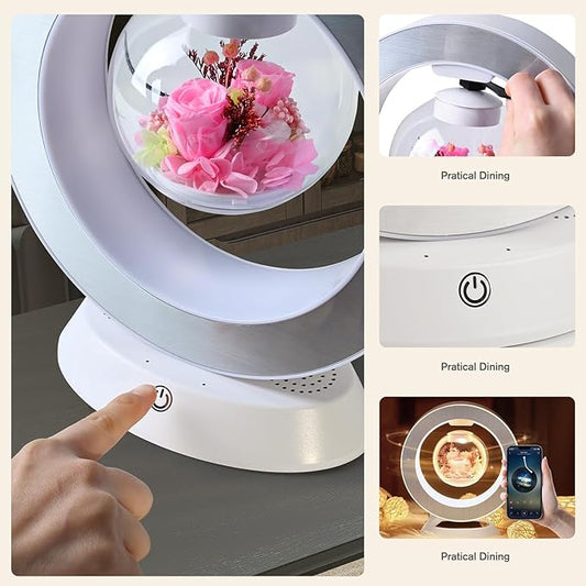 LoveLin Magnetic Levitation Circle Table Lamp with Bluetooth Speaker,5W Led Night Light,Three Variable Color,Automatic Rotating Preserved Flowers Creative Gifts Home Office Ornament Rotundity Layout