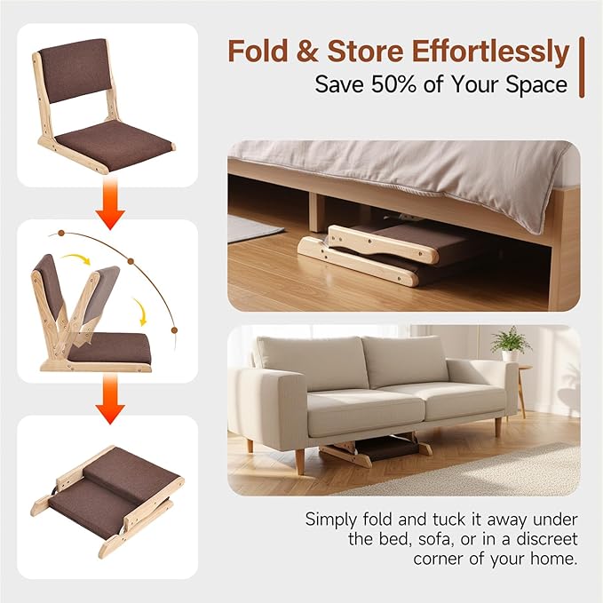Tiita Foldable Tatami Chair, Japanese Floor Chair, Wood Legless Back Rest Chairs with Cushion, Accent Meditation Floor Chairs Bay Window, Wood Brown