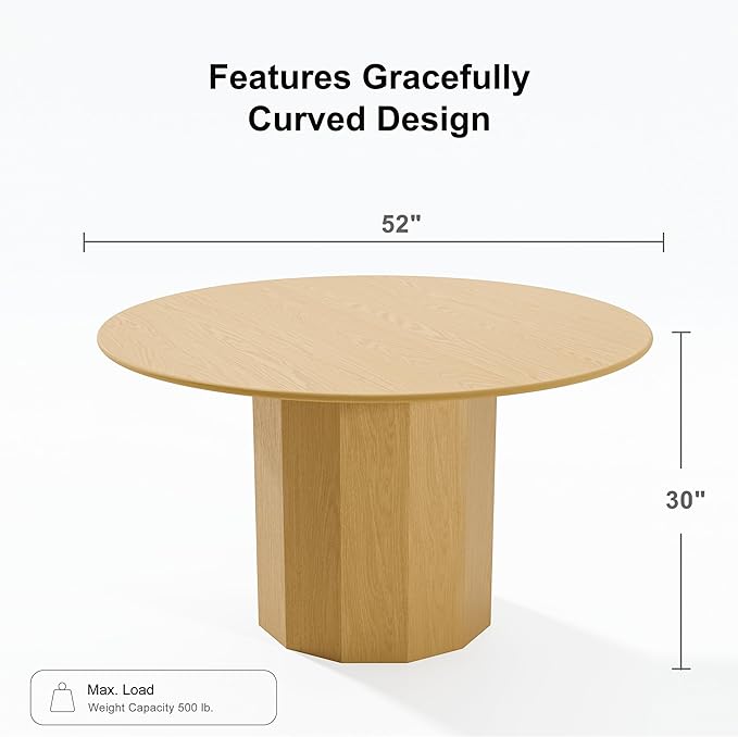 Casaphoria 52" Round Dining Table, Modern Wood Kitchen Table with Cylinder Polygonal Base for Living Room & Dining Room, Easy Assembly Farmhouse Furniture for 4-6, Oak