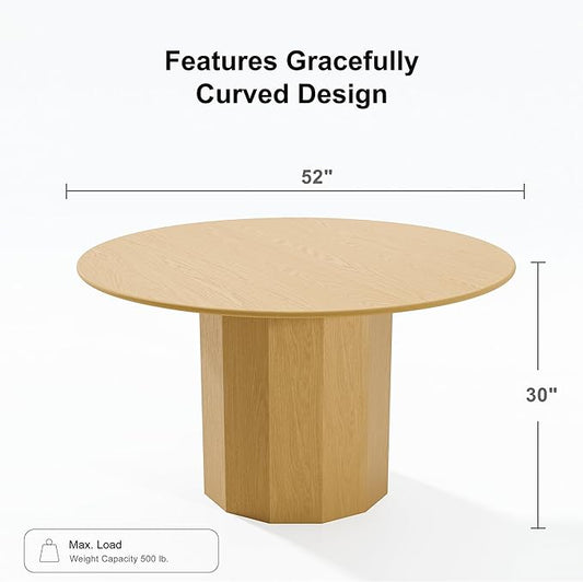 Casaphoria 52" Round Dining Table, Modern Wood Kitchen Table with Cylinder Polygonal Base for Living Room & Dining Room, Easy Assembly Farmhouse Furniture for 4-6, Oak