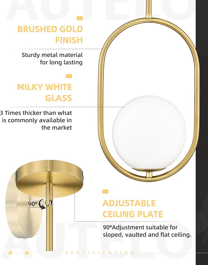 AUTELO Gold Pendant Lights, 1-Light Pendant Lights Kitchen Island in Brushed Gold Finish with Milky White Globe Glass, Mid Century Pendant Light Fixtures, Gold Hanging Lights for Kitchen H9376 MGBG