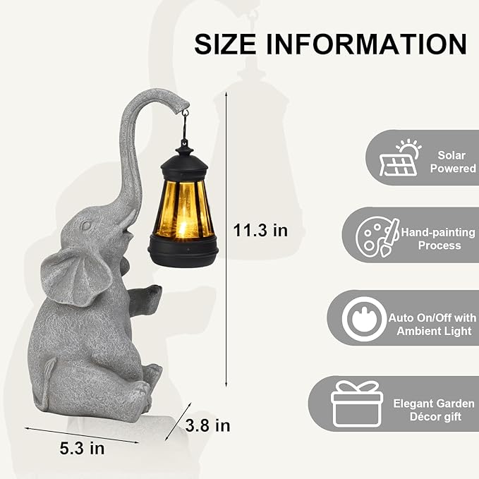 DiliComing Elephant Resin Sculpture - 12 Inch Solar-Powered Outdoor Garden Decor, Housewarming & Birthday Gift for Women, UV-Resistant Coating - Elephant Statue