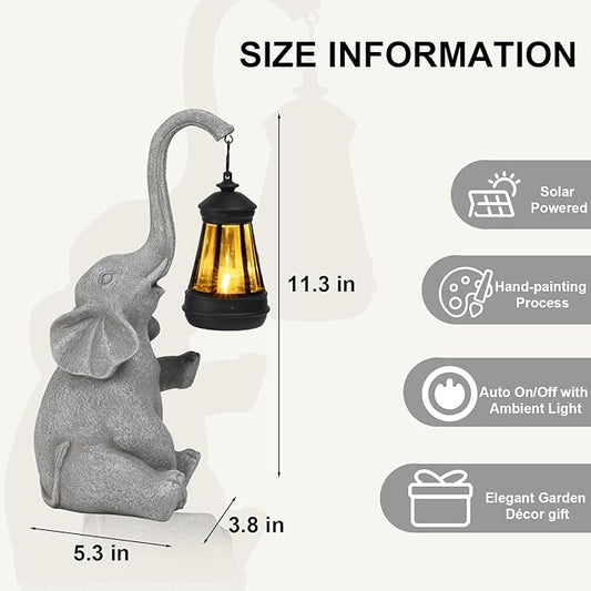 DiliComing Elephant Resin Sculpture - 12 Inch Solar-Powered Outdoor Garden Decor, Housewarming & Birthday Gift for Women, UV-Resistant Coating - Elephant Statue