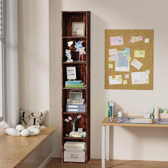 6 Tier Bookshelf, Open Tall Narrow Floor Standing Bookcase, Storage Organizer Bookshelves Freestanding Book Shelf for Living Room, Bedroom, Home Office (Retro Brown, 6 Cube)