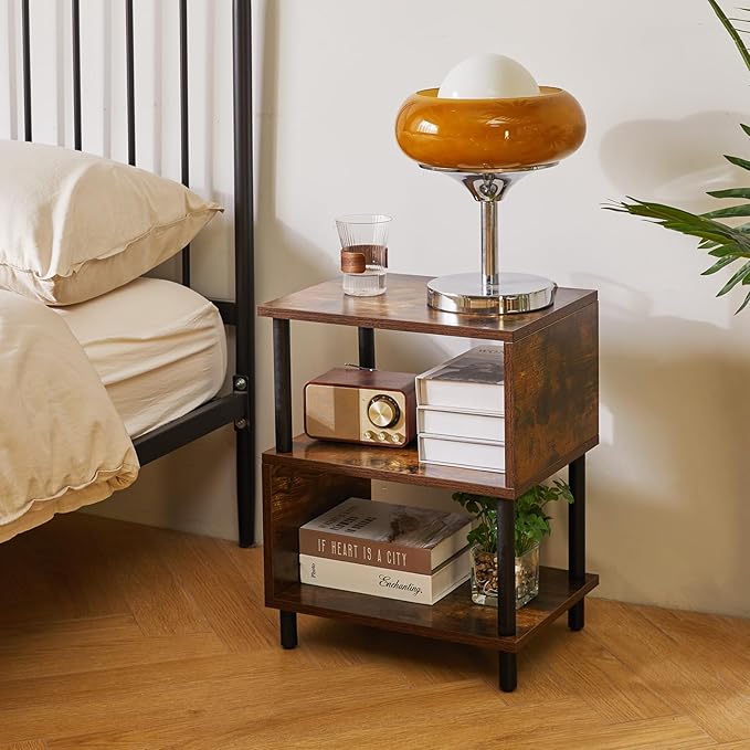 Side Table for Bedroom, End Table Small, Mid-Century Modern Nightstand with Open Storage Shelf, Small Table Rustic Brown/Black YD-TM152H