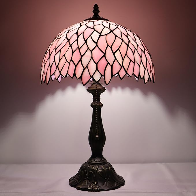 Tiffany Lamp Stained Glass Table Lamp Bedside Reading Light W12H19 Inches (Pink Wisteria)