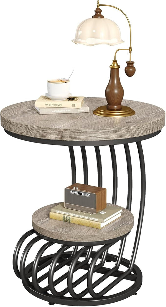LITTLE TREE Round Side Table, Accent End Table with 2-Tier Shelf, Creative Curved Metal Frame, for Small Spaces, Grey + Black