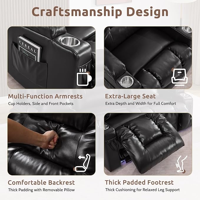 SAMERY Loveseat Recliner Sofa, Power Reclining Loveseat Sofa, Wall Hugger Recliners RV Couch with Console, Lift-Top Table, Rhythm & Ambient LED Lights, USB-C, Outlets, Faux Leather, Black | Extra Wide Seat, Plush Padding, Dual Power Recline, Lift-Up Ta...