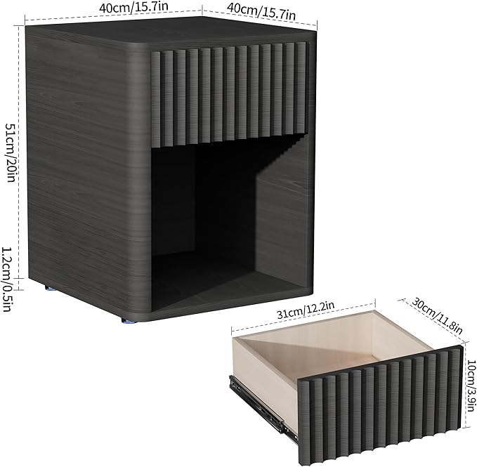 VICITON Fluted Narrow Night Stand,Thin Nightstand with Leather Surface, Small End Table with Storage, Living Room/Bed Side Table for Small Spaces (Dark Gray, Large)