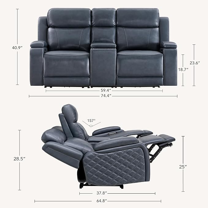 Watson & Whitely Genuine Leather Power Loveseat Recliner Sofa, Zero Gravity Reclining Sofa with Console, Power Headrest & Wireless Charging, Cup Holder, 2-Seater Recliner for Living Room, Navy Blue