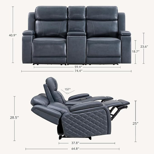 Watson & Whitely Genuine Leather Power Loveseat Recliner Sofa, Zero Gravity Reclining Sofa with Console, Power Headrest & Wireless Charging, Cup Holder, 2-Seater Recliner for Living Room, Navy Blue