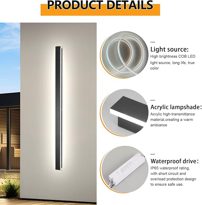 Outdoor House Lights Fixture Wall Mount,2pack 70.8inch Modern Long LED Black Outdoor Exterior Wall Sconce,Dimmable Waterproof Linear Wall Light, Outside Lighting for House,Porch