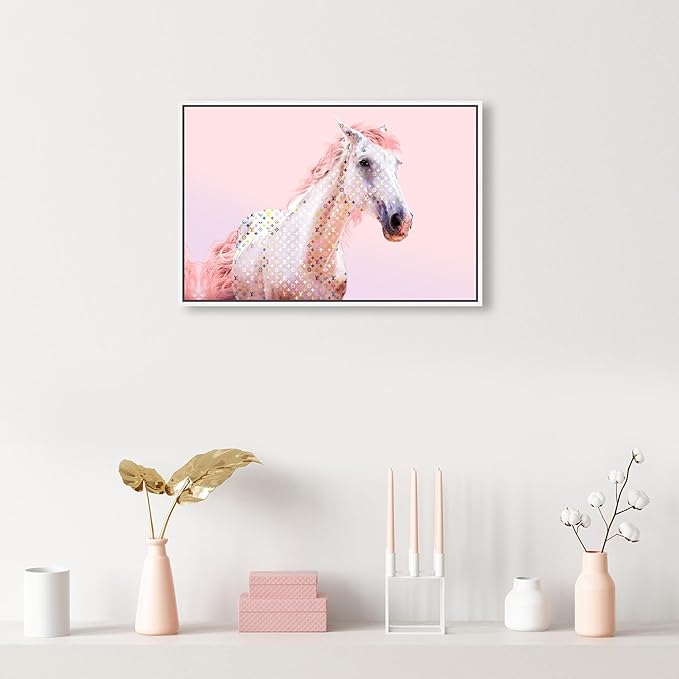 Country Farmhouse Canvas Print Painting Animal Wall Art 'Pink Glam Horse' White Framed Canvas Rustic Home Décor 24x16 in Pink, White by Oliver Gal