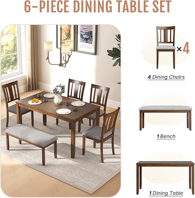6-Piece Wooden Dining Set - Table & Chairs for 6, Includes Table, 4 Upholstered Chairs & 1 Bench, Walnut