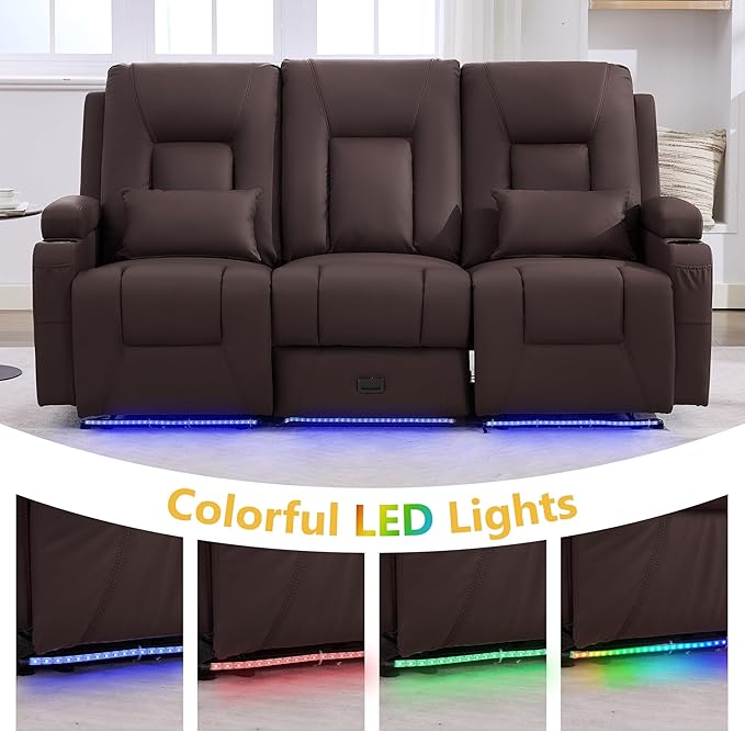 URRED Power Loveseat Recliner Sofa with Console, Wall Hugger Reclining Loveseat RV Couch with LED Light, 150° Zero Gravity Recliners Modular Couches for Living Room (Dark Brown, 77.3'' - 3 Seats)