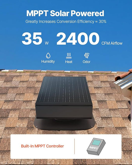 VEVOR 35W Solar Attic Fan, 2400 CFM with Auto Temp Control, Weatherproof, Low-Noise Automatic Ventilation for Attic, Shed, & Garage