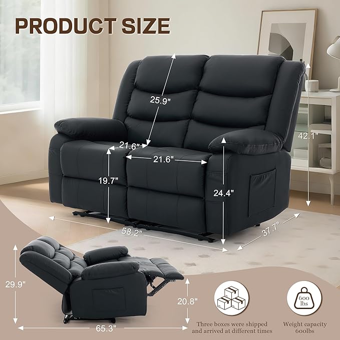 Korser Loveseat Recliner Sofa for RV Furniture and Theater Seating, Wall Hugger Loveseat Recliner, Oversized Loveseats Couch with Front Porckets&Side Pockets, Fabric, Black