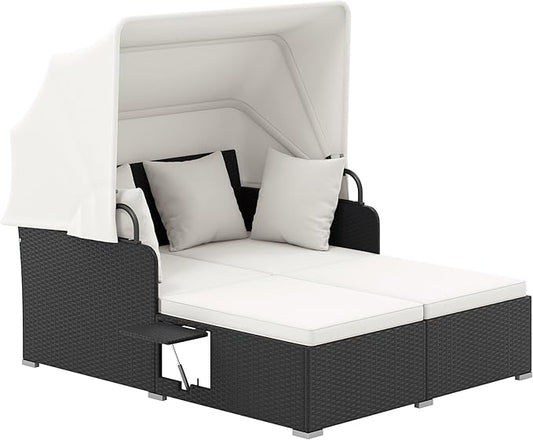 Tangkula Patio Rattan Daybed with Retractable Canopy, Outdoor Wicker Sunbed Lounger with 2 Foldable Side Tables, Thick Seat & Back Cushions, Double Daybed for Garden, Backyard, Porch (Off White)