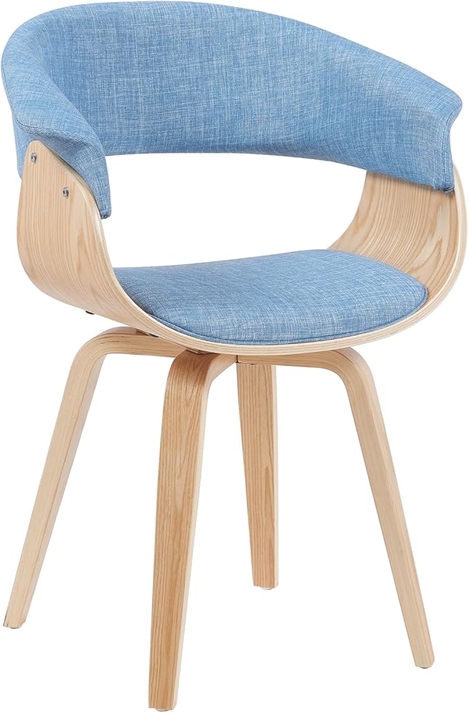 Armen Living Summer Mid-Century Upholstered Dining Chair in Light Blue and Patterned Oak Finish