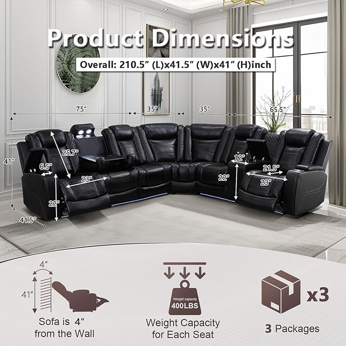Power Recliner Sectional Sofa with LED Light for Living Room, Black Leather Reclining Sofa Corner Sectional Couches Set, Cup Holder, Storage Console for Home Theater Seating