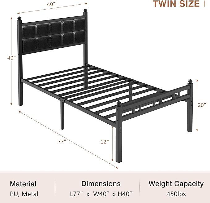 VECELO Twin Metal Bed Frame, Faux PU Leather Platform Beds with Upholstered Headboard and Footboard, Strong Slats Support, 12" Underbed Storage, Noise-Free, No Boxing Spring Needed, PU Black