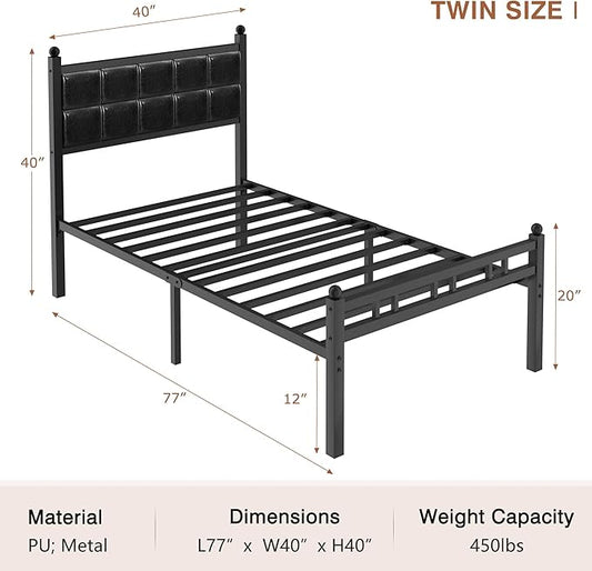 VECELO Twin Metal Bed Frame, Faux PU Leather Platform Beds with Upholstered Headboard and Footboard, Strong Slats Support, 12" Underbed Storage, Noise-Free, No Boxing Spring Needed, PU Black