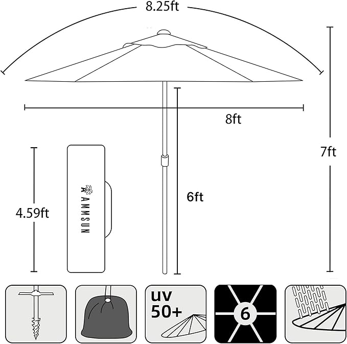 AMMSUN 8ft Large Beach Umbrellas for Sand Heavy Huty Wind Portable Commercial Grade Patio Beach Umbrella with Sand Anchor Adjustable Height Air Vent UPF 50+ Telescoping Pole without tilt Dark Blue